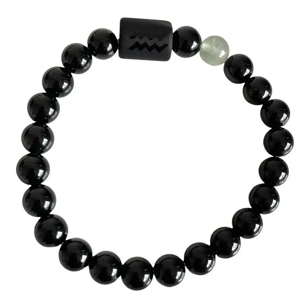 Aquarius Zodiac Beaded Bracelet Black Onyx Obsidian Fluorite Unisex, New